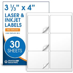 3 1/3" X 4" Matte White Shipping Labels Compatible with Inkjet and Laser Printers - 30 Sheets, 180 Printable Stickers for Mailing, Product IDs, Organization - Spartan Industrial
