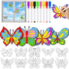 Qyeahkj 30 Pack Spring Butterfly Arts Crafts for Kids Spring Window Suncatchers Crafts Kit DIY Spring Coloring Crafts Window Clings Stickers with 8 Markers Hobby Gifts for Kids Home Decorations
