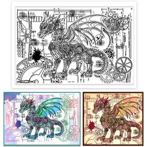 PH PandaHall Mechanical Dragon Clear Stamps for Card Making, Dragon Skeleton Rubber Stamps Retro Aircraft Transparent Paper Craft Stamp for DIY Scrapbooking Journal and Photo Card Album Crafting