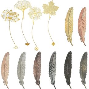 12 Pieces Metal Bookmarks,Gold Leaf with Chain Hollow Metal Bookmark Plant Vintage Feather Shape Book Marks, for Book Lovers Writers Readers Men Women Teens Adults