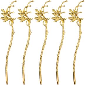 SUNNYCLUE 6Pcs Gold Alloy Bookmark Flower Hairpin Bookmarks Bulk Vintage Chinese Style Bamboo Leaves Metal Hair Sticks Hairpin Stripe Golden Classical Bookmarks for Crafting DIY Findings Handmade