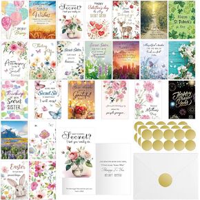 24 Pcs Secret Sister Greeting Cards with Scripture for Christian Women Secret Sister Cards with Envelopes Stickers for Women Birthday Christmas Easter Thinking of You All Occasion(Style1) in Kuwait
