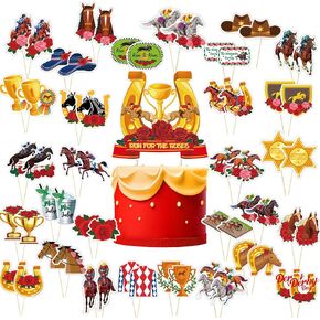 61 PCS Derby Party Supplies Racing Horse Cupcake Toppers for Horse Race Cake Decorations