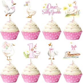 32PCS Silly Goose Cupcake Toppers 1st Birthday Goose Cake Topper Toothpick Flags Animal Theme Bday Cupcake Picks Party Supplies for Baby Shower Boy Girl One Birthday Cake Decorations