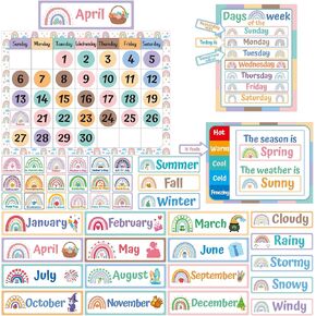 Classroom Calendar Set Bulletin Board Boho Rainbow Calendar Bulletin Board Set for Classroom Home Wall Decoration with Hook and Loop Stickers
