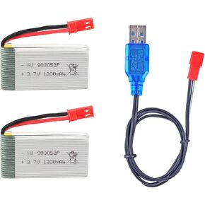 2 Pcs 3.7V 1200mAh 25C 903052 JST Plug Rechargeable Lipo Battery with USB Charger for MJX T04 T05 T25 X900 X9TW V2400HD V2450FPV V2450GPS HQ898B H11D H11C RC Quadcopter Drone Spare Parts