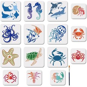 Mayjoydiy 15pcs Marine Life Stencil stency stency crab painting stencils 7.9 × 7.9/5.9 × 5.9 بوصة قابلة لإعادة الاستخدام قابلة لإعادة الاستخدام قابلة لإعادة الاستخدام مع فرشاة الطلاء للحرف على حائط الخشب