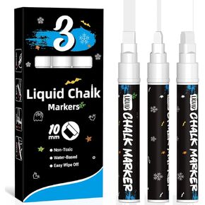 White Chalk Markers, 3 Liquid Chalk Marker Erasable, 6mm Chalk Pens for Chalkboard, Chalk Marker for Blackboard, Labels, Just Married Car Decorations, Window Markers White