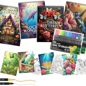 4Pcs Adult Coloring Book for Women Relaxation, 36 Colors Markers with Spiral Bound Adult Coloring Book for Women