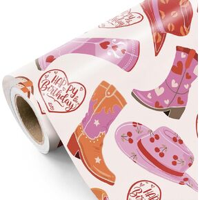 WRAPAHOLIC Western Cowgirl Wrapping Paper Roll - Mini Roll - 17 Inch x 16.5 Feet - Cowgirl Hat and Boots with Pink Bow Design Perfect for Women Girls Birthday, Nashville Party