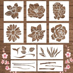 10pcs Flower Stencils for Painting, Large Floral Stencils for Painting on Walls Reusable Flower Templates Stem Leaf Stencils for Painting on Wood Walls Garden Fences Furniture Crafts