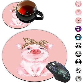 Round Mouse Pad and Coaster Set, Pig Cute Piggy Wearing Leopard Bandanna Mousepad, Non-Slip Rubber Base Gaming Mouse Pads for Working Or Game