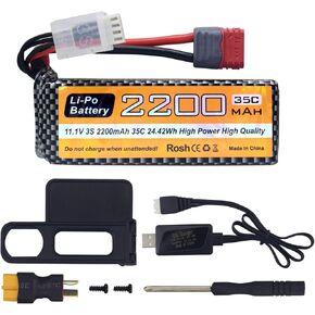 11.1V 2200mAh 35C 3S T Plug Lipo Battery and USB Charging Cable Suitable for MJX H16P H16E H16GT H16BM H16PL 14301 RC Car High-Speed Drift Model Toy Car Upgrade Battery
