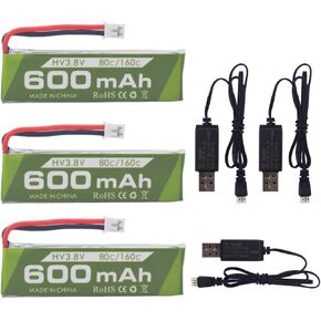 sea jump 3PCS 1S 3.8V 80C 600mAh Lithium Battery with JST PH-2.0 Plug and 3PCS USB Charging Cable for Cineahoop Tinyhawk Mini FPV Racing Cars and RC Drones