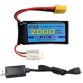 3S Lipo Battery 11.1V 2000mAh 35C with XT60 Plug for RC Cars, Trucks, Remote-Controlled Ships, RC Drones, Quadcopters, FPV UAV Batteries (1PCS Battery+1 USB)