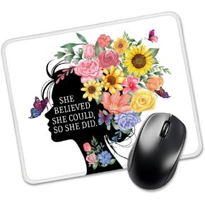 She Believed She Could Rectangular Mouse Pad, Funny Floral Mouse Pads for Desk, Office Desk Decor for Women Nature Lover, Mental Health Awareness Mouse Mat, Woman Power Mouse Pad