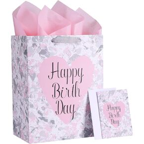 SUNCOLOR 13" Large Birthday Gift Bag with Tissue Paper&Greeting Card-For Moms,Girls' Birthday