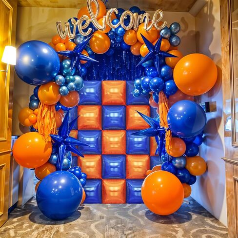 Blue and Orange Square Foil Balloons Wall, Double Sided Chrome Deep Blue and Orange Balloons Tunnel Arch Kit Backdrop for Boys Birthday Graduation Baby Shower blue Birthday Party Decorations in Saudi Arabia