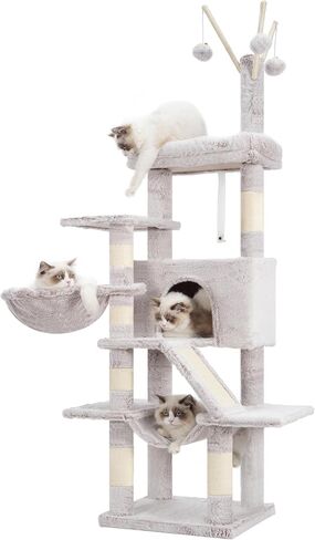 Cat Tree for Indoor Cats, Cat Tower with Scratching Post for Small Cats and Kittens, Cat House with Removable Top Platform and Fluffy Balls, Hanging Cat Basket, Light Gray GCT006SW in Saudi Arabia