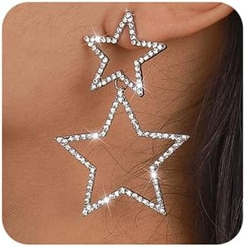 Jumwrit Rhinestone Star Earrings Long Star Drop Dangle Earrings Geometric Five-Pointed Star Stud Earrings Punk Boho Shiny Earrings Fashion Earrings Jewelry for Women Girls(Silver) in Saudi Arabia
