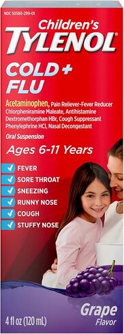 Tylenol Children's Cold + Cough + Runny Nose, Acetaminophen, Pain & Fever Relief, Chlorpheniramine Maleate, Antihistamine, Dextromethorphan HBr, Cough Suppressant; Grape Liquid, 8 fl. oz in Saudi Arabia