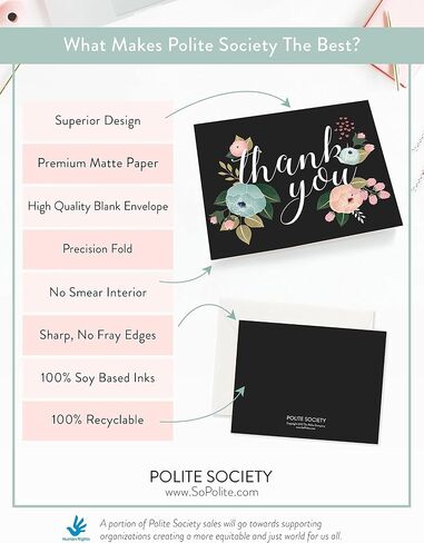 Polite Society Thank You Cards - 37 Beautiful Thank You Card - Blank Cards - White Envelopes Included - Bridal, Baby Showers and Business (37 Pack - Bonus 24K Gold Card) in Saudi Arabia