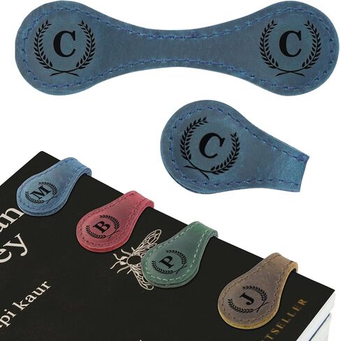 Personalized Magnetic Leather Bookmark - Genuine Leather Custom Bookmark with Initials, Handmade Magnetic Clips for Book Lovers, Readers, Kids, and Women - Premium Magnet Bookmark Charm (Blue, C) in Kuwait
