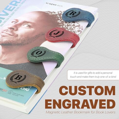 Personalized Magnetic Leather Bookmark - Genuine Leather Custom Bookmark with Initials, Handmade Magnetic Clips for Book Lovers, Readers, Kids, and Women - Premium Magnet Bookmark Charm (Blue, C) in Kuwait