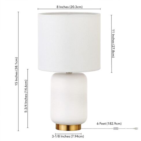 Henn&Hart 15" Tall Ceramic Mini Lamp with Fabric Shade in Matte White/Brass/White, for Home, Living Room, Bedroom, Entertainment Room, Office, Kitchen, Dining in Saudi Arabia