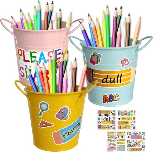 3 Pcs Sharp and Dull Pencil Buckets for Classroom, Metal Sharp and Dull Pencil Pail Holders with Handle 4 Sheet Stickers Back to School Teachers Classroom Management Organization Supplies in Saudi Arabia