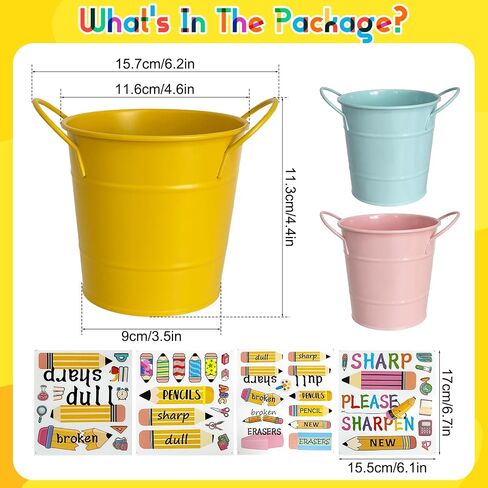 3 Pcs Sharp and Dull Pencil Buckets for Classroom, Metal Sharp and Dull Pencil Pail Holders with Handle 4 Sheet Stickers Back to School Teachers Classroom Management Organization Supplies in Saudi Arabia