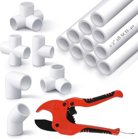 10 Pcs 1 Inch PVC Pipe with 42 Pcs PVC Pipe Fittings Elbow Set and 1 PVC Pipe Cutter White DIY PVC Projects Connection Tee for Home, Greenhouse, Farm, Workshop, Garden, 40 Inch in Saudi Arabia