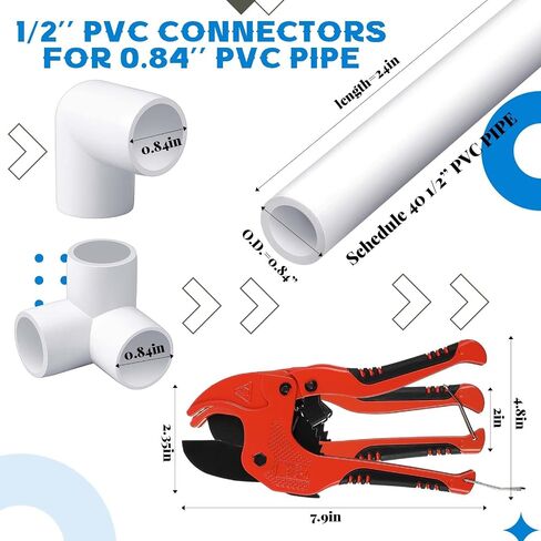 10 Pcs 1 Inch PVC Pipe with 42 Pcs PVC Pipe Fittings Elbow Set and 1 PVC Pipe Cutter White DIY PVC Projects Connection Tee for Home, Greenhouse, Farm, Workshop, Garden, 40 Inch in Saudi Arabia