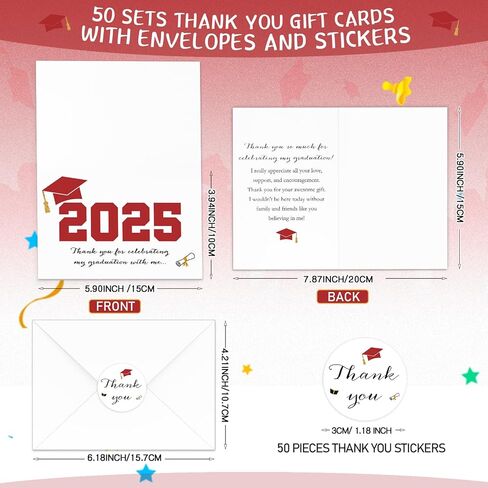 50 Sets 2025 Graduation Thank You Cards with Envelopes and Stickers 2025 Graduation Thank You Notes College Greeting Card for Guest Family Teacher Classmate(Red) in Saudi Arabia