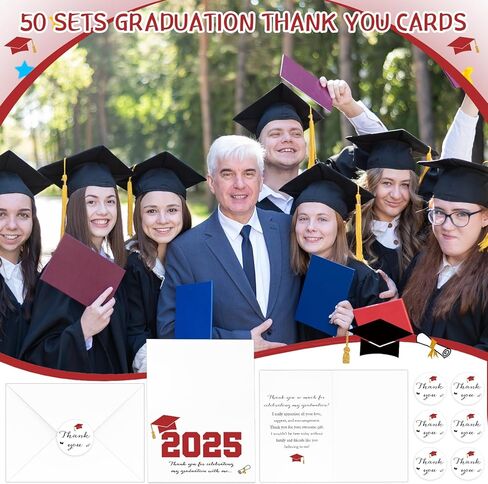 50 Sets 2025 Graduation Thank You Cards with Envelopes and Stickers 2025 Graduation Thank You Notes College Greeting Card for Guest Family Teacher Classmate(Red) in Saudi Arabia
