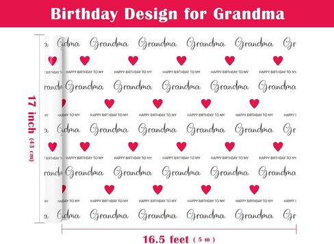 WRAPAHOLIC Birthday Wrapping Paper Roll for Grandma - Mini Roll - 17 Inch x 16.5 Feet - Happy Birthday to My Grandma Lettering with Red Love Design in Saudi Arabia