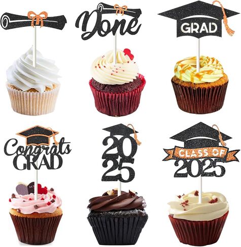 24 Pack 2025 Congrats Grad Cupcake Toppers Set, Glitter Graduation Cupcake Decor, Class of Cupcake Picks for Senior High School College Grad Party Decorations Supplies(Black with Gold) A in Kuwait