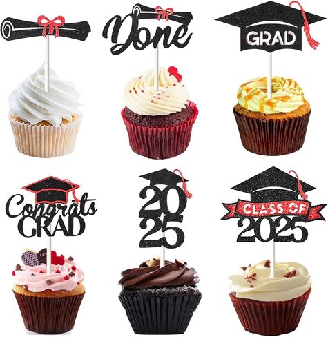 24 Pack 2025 Congrats Grad Cupcake Toppers Set, Glitter Graduation Cupcake Decor, Class of Cupcake Picks for Senior High School College Grad Party Decorations Supplies(Black with Gold) A in Kuwait