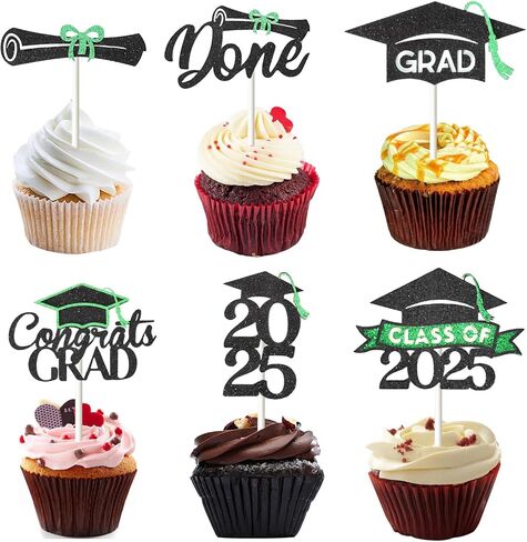 24 Pack 2025 Congrats Grad Cupcake Toppers Set, Glitter Graduation Cupcake Decor, Class of Cupcake Picks for Senior High School College Grad Party Decorations Supplies(Black with Gold) A in Kuwait