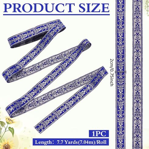 MAYJOYDIY 7.7Yard×3/4inch Blue Floral Boho Jacquard Ribbon Vintage Ethnic Jacquard Ribbon Gold Embroidered Flower Webbing Trim for DIY Clothing Bags Sewing Decorations Gift Wrapping in Kuwait