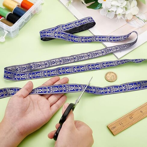 MAYJOYDIY 7.7Yard×3/4inch Blue Floral Boho Jacquard Ribbon Vintage Ethnic Jacquard Ribbon Gold Embroidered Flower Webbing Trim for DIY Clothing Bags Sewing Decorations Gift Wrapping in Kuwait