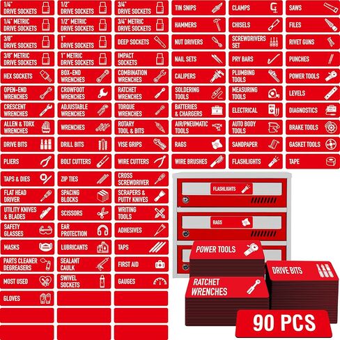 90 PCS ملصقات صندوق الأدوات المغناطيسي ، 82 بطمع و 8 فراغات كبيرة الحجم الأداة الصدر منظمات منظم قوي مغناطيسي وسهل القراءة يناسب جميع العلامات التجارية لأدراج صندوق الصلب (أسود ، 3.5 "× 1") in Kuwait