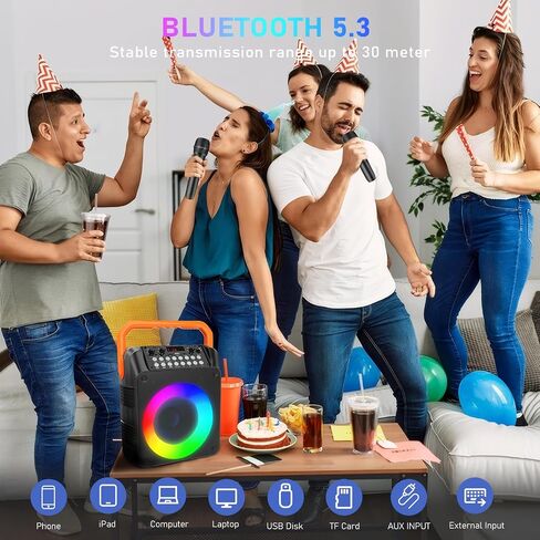 Karaoke Machine with 2 Wireless Microphones, Portable Bluetooth Karaoke Speaker for Adults & Kids with Strobe Lights, Karaoke Microphone with PA System Supports TWS/USB/TF/REC/FM/AUX for Home Party in Saudi Arabia
