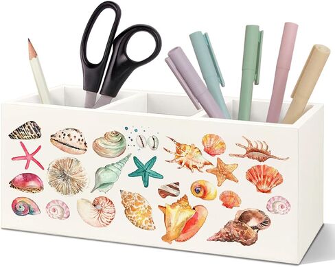 SNNDER Cosatal Beach Seashell Pen Holder for Desk, Beach Office Decor, Gifts for a Beach Lover, Preppy Beach Wooden Pen Pencil Holder Organizer for Home Office Desk Accessories in Kuwait