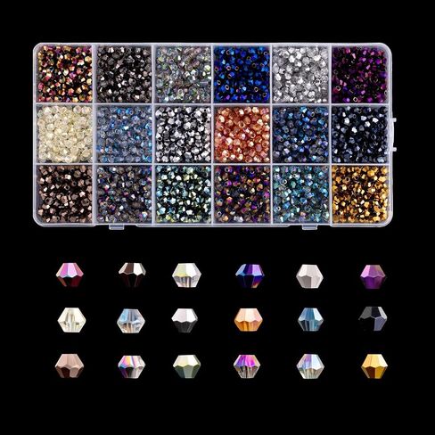 Laidanla 1800pcs 4mm electroplate bicone crystal heads ، 18 لونًا حبات زجاجية صغيرة مجمعة للأساور صنع قلادات مفاتيح أقراط مع مربع حاوية in Kuwait