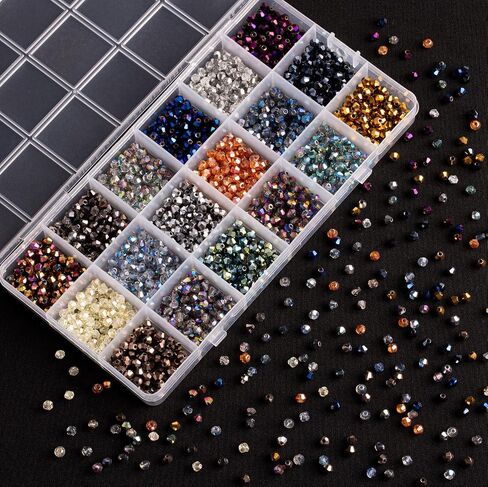 Laidanla 1800pcs 4mm electroplate bicone crystal heads ، 18 لونًا حبات زجاجية صغيرة مجمعة للأساور صنع قلادات مفاتيح أقراط مع مربع حاوية in Kuwait