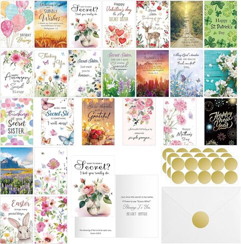 24 Pcs Secret Sister Greeting Cards with Scripture for Christian Women Secret Sister Cards with Envelopes Stickers for Women Birthday Christmas Easter Thinking of You All Occasion(Style1) in Kuwait