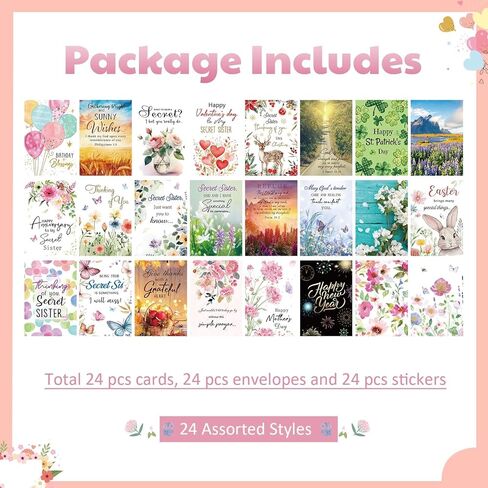 24 Pcs Secret Sister Greeting Cards with Scripture for Christian Women Secret Sister Cards with Envelopes Stickers for Women Birthday Christmas Easter Thinking of You All Occasion(Style1) in Kuwait