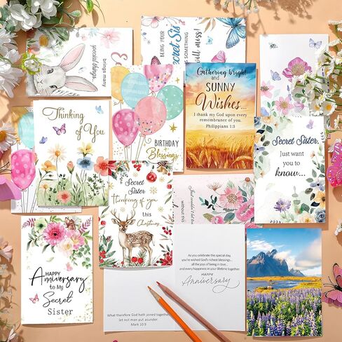 24 Pcs Secret Sister Greeting Cards with Scripture for Christian Women Secret Sister Cards with Envelopes Stickers for Women Birthday Christmas Easter Thinking of You All Occasion(Style1) in Kuwait