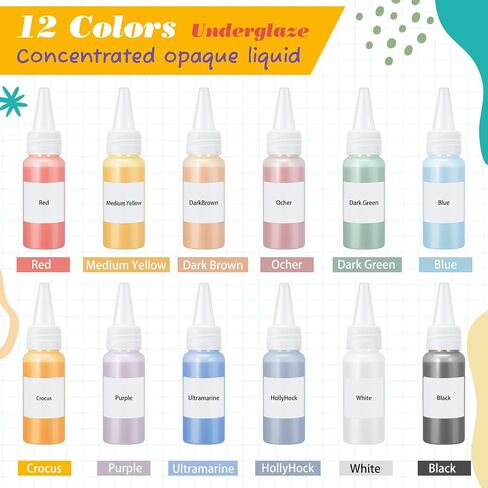 Dunzoom Underglaze for Ceramics Kit Underglaze Paint Colors 12 Ceramic Clay Assorted Colors in 2 Ounce with 6 Pcs Paint Brushes and a Paint Tray Concentrated Opaque Liquid Underglaze in Kuwait